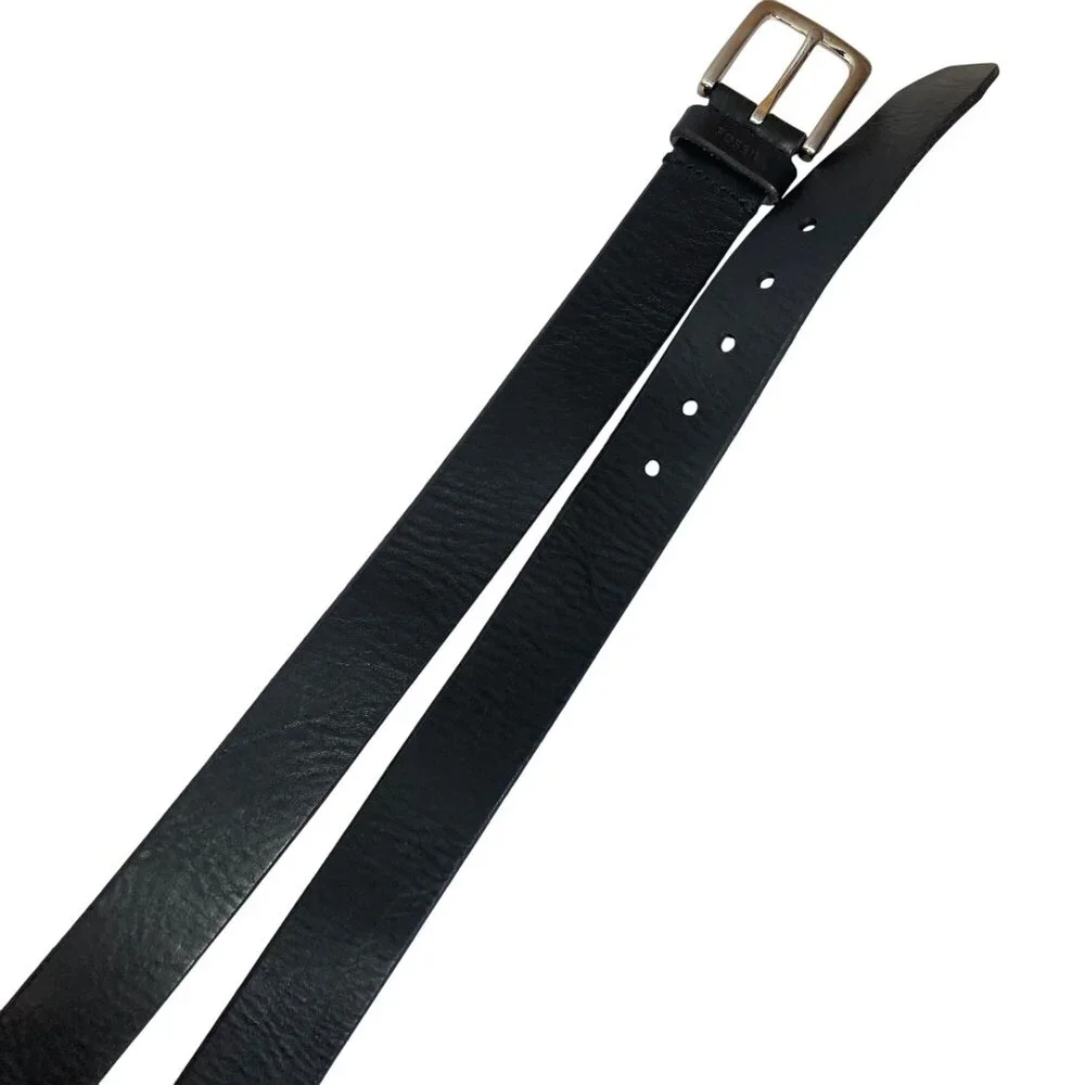 Fossil Mens Black Genuine Leather Belt Size 44 Silver Tone Buckle